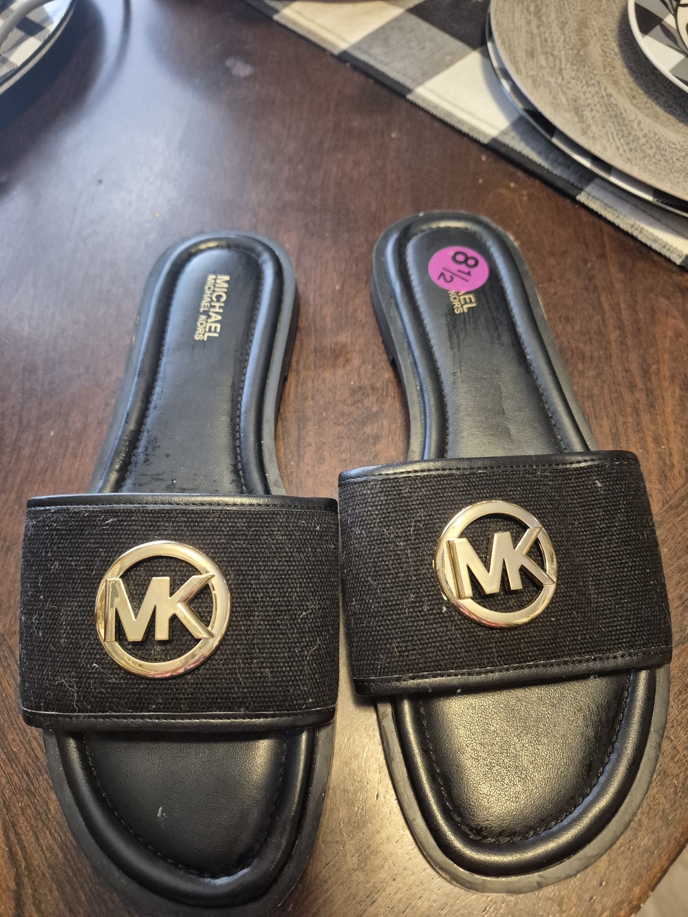 MICHAEL Michael Kors Black Slide Sandals with Gold MK Emblem
